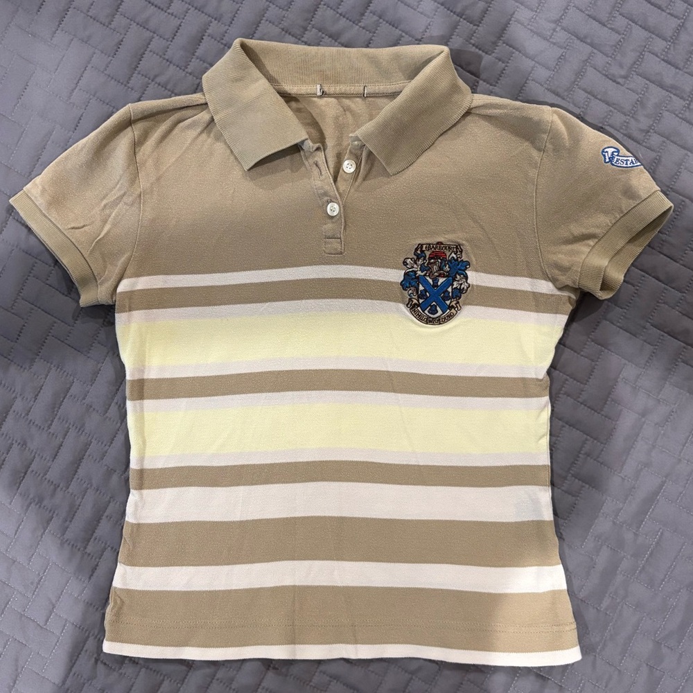Barbour 1894 Crest Polo Top Tan Cream striped XSM-SM small y2k short fit
